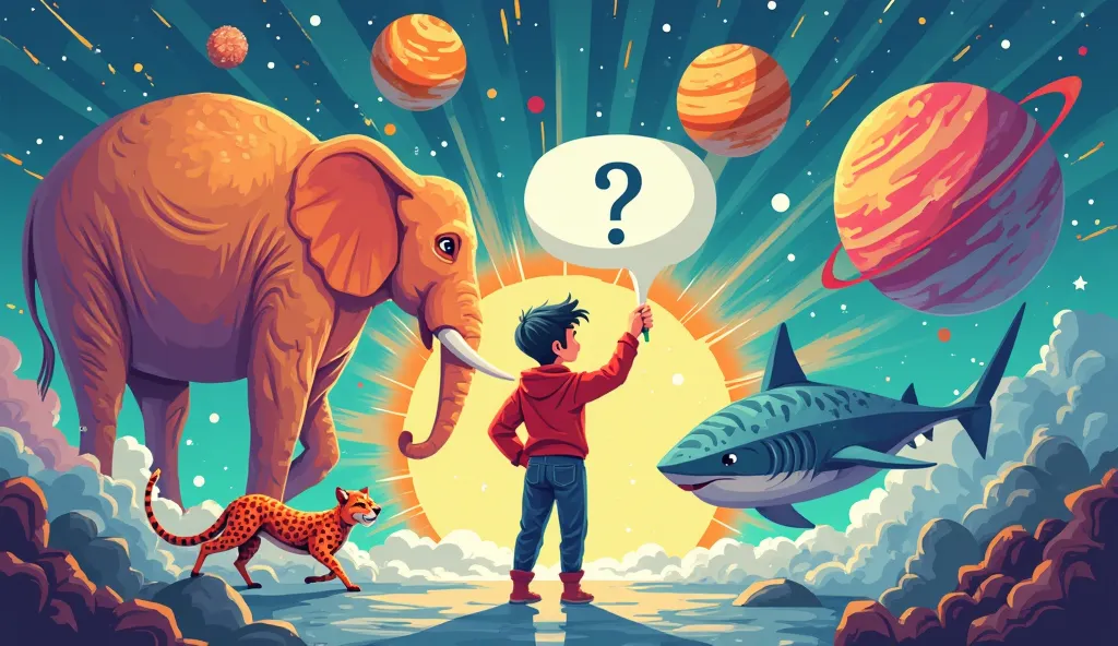 "A vibrant and flashy scene depicting the theme '25 facts to fuel your next conversation'.  in the center, an animated character holding a speech bubble with a question mark, symbolizing curiosity. around, icons representing some of the facts mentioned, li...