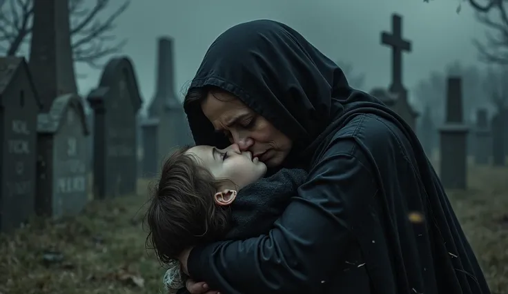 "A woman in a dark mourning dress embraces the cold body of her young , crying uncontrollably, surrounded by a graveyard at dusk."