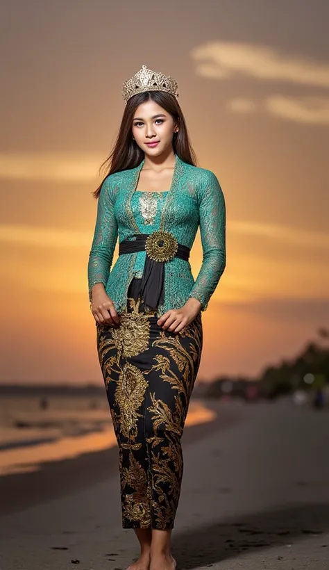 shot with Nikon D70, indonesian lady 18 years old, pale face, wear traditional crown, natural, no make up, detailed on face, visible breastline, wear green batik kebaya, wear dark green long scarf, javanese kebaya, long sleeve, very tight, busty body, real...