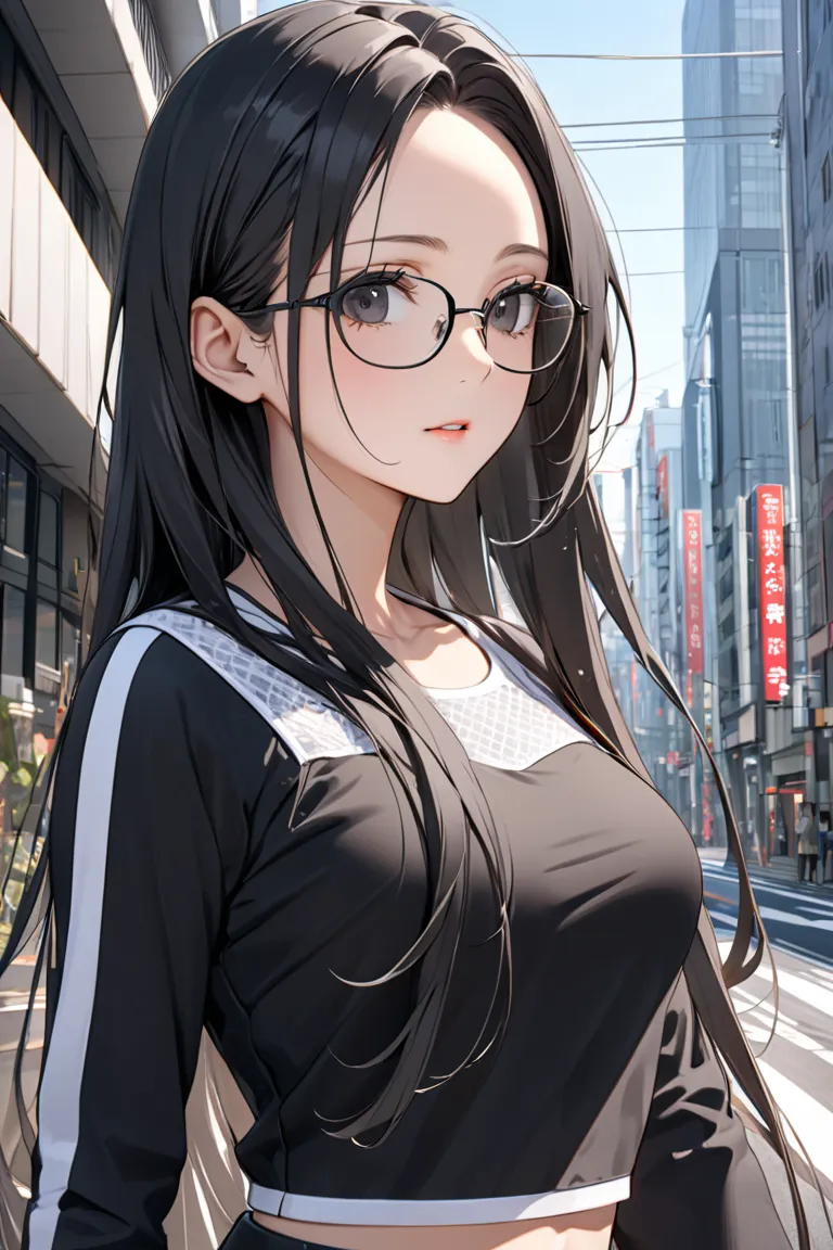 best quality, soft , super detail,  beautiful , 8k, 1 girl , long hair, black hair, outdoor, bright,  clear sky,  mature women, long hair, forehead, Black Eyes, glasses, black crop top with white trim, in Tokyo city building