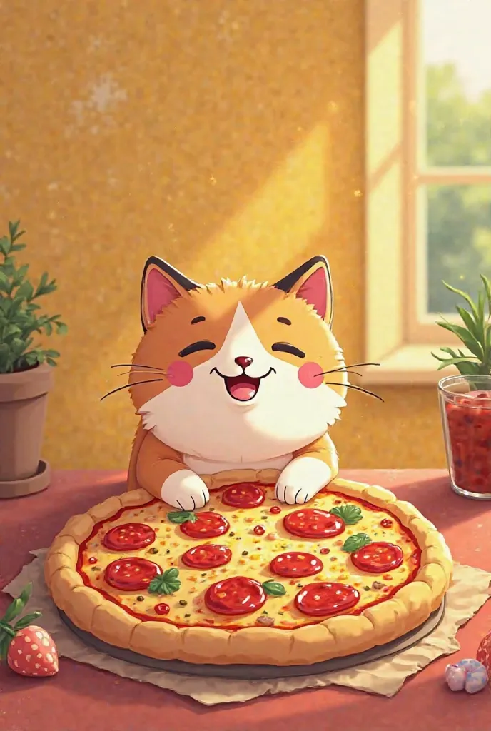 Make a happy song about pizza in a pop music style,
Happy mode,Love,cat photo