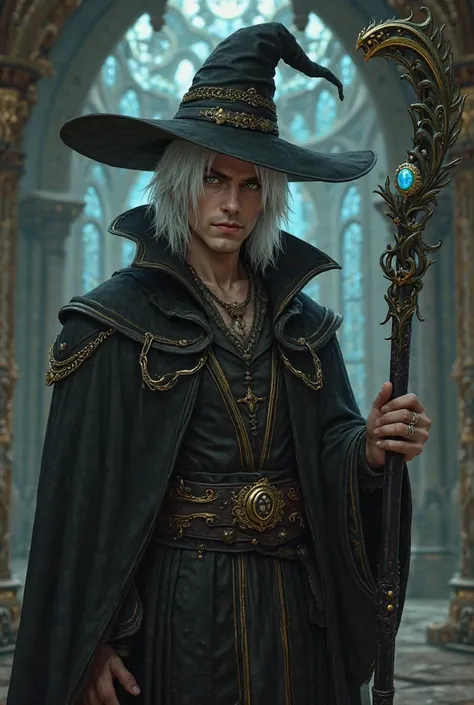 Create Yu-Gi-Oh  & Castlevania a handsome mature man with medium straight white hair with light green eyes with shapely legs wearing a black wizard hat with gold details wearing a black magic wizard robe with gold details holding a black magic staff with g...