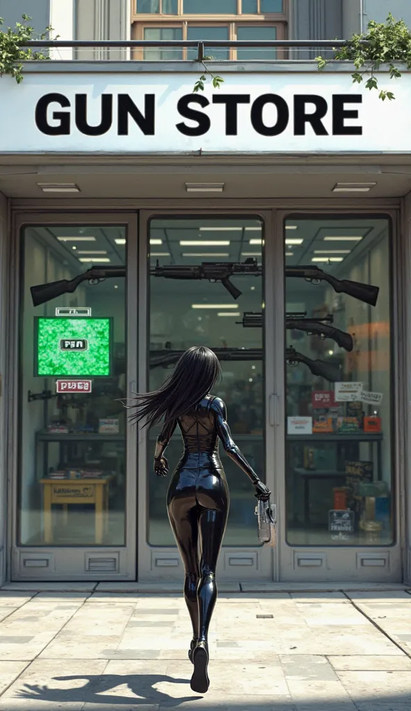 The layout focuses on a female character in a sleek black catsuit outfit, running towards a building that says 'GUN STORE' in bold black font on white background. The character is seen from behind, with dynamic poses showing running movements. The store fa...