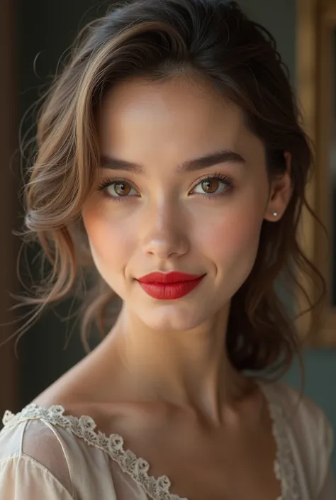 A young, elegant woman with dark blonde, sleek, well-groomed hair that gently frames her face. Her full lips are highlighted by a bold red lipstick, enhancing her subtle smile. Her skin is very fair, almost translucent, and her brown eyes convey confidence...