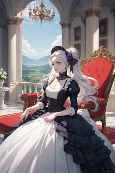 Tall woman with white hair. purple eyes.  pale white skin. Victorian era dress in gothic colors between black and purple. landscape: She is seated on a gold and silver throne in the middle of a large ballroom