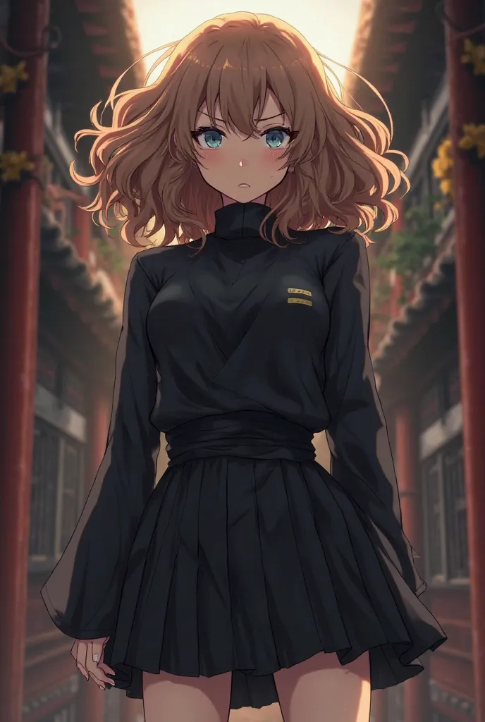  A 15-year-old girl, in the animation style of the anime Jujutsu Kaisen. She has very fair skin and wears the traditional uniform of the Jujutsu Academy, consisting of a black high-neck jacket and a short, pleated black skirt. Your eyes are greyish blue, w...