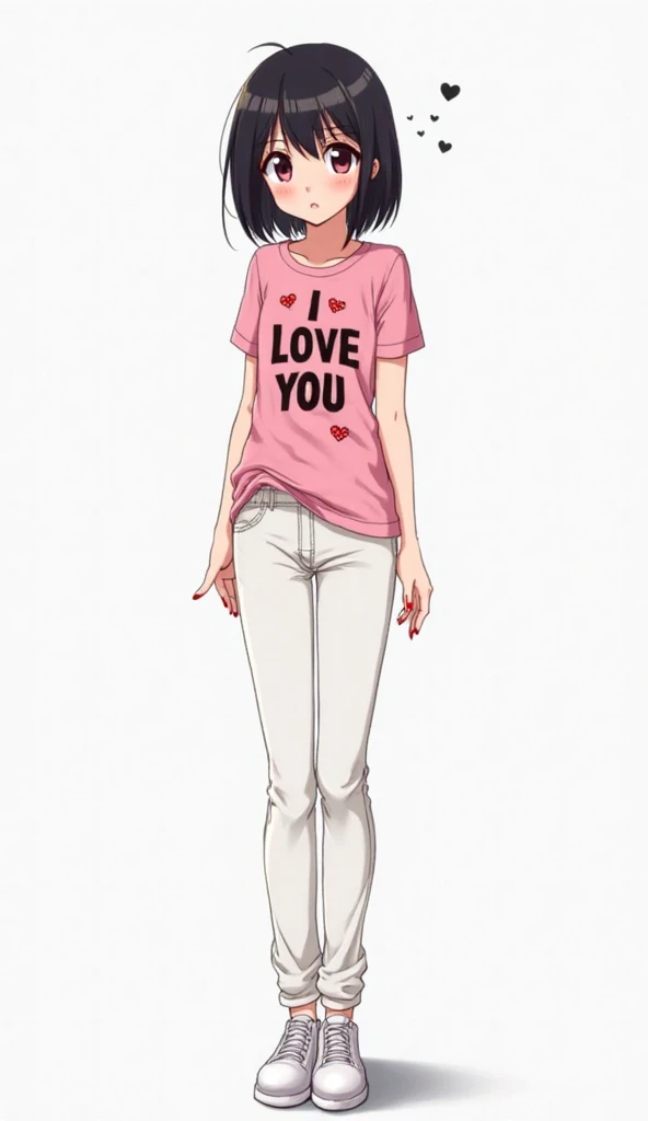 Japanese anime adolescent woman with short straight black hair and intense magenta eyes and red nails and wears a pink t-shirt with hearts with BLACK text "I LOVE YOU" and white denim jeans and white shoes with white laces and white shoes with white laces ...