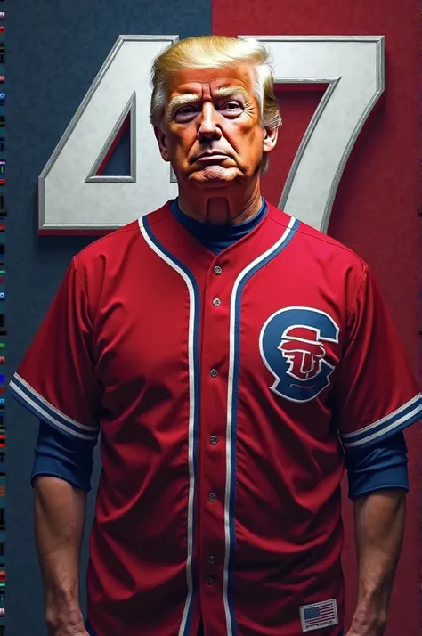 Picture of Donald trump in a maroon and silver baseball jersey and the number 47 in the background