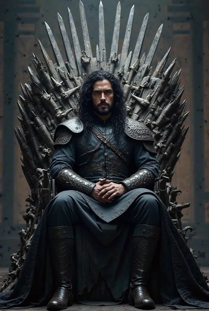 A magnificent man with black hair and dark eyes sitting on the Iron Throne dressed as warriors 