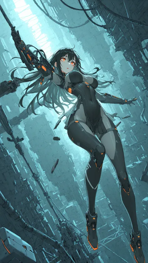 (masterpiece, Great image quality,  's illustration ,  So Fun,  latest, Absard Dress) break,
1 girl, dark eyed , Dynamic Angle, Mechanical, bodysuit, orange eyes, cybernetics, break,
volumetric natural lighting, scenery 、 Tim Burton Style、