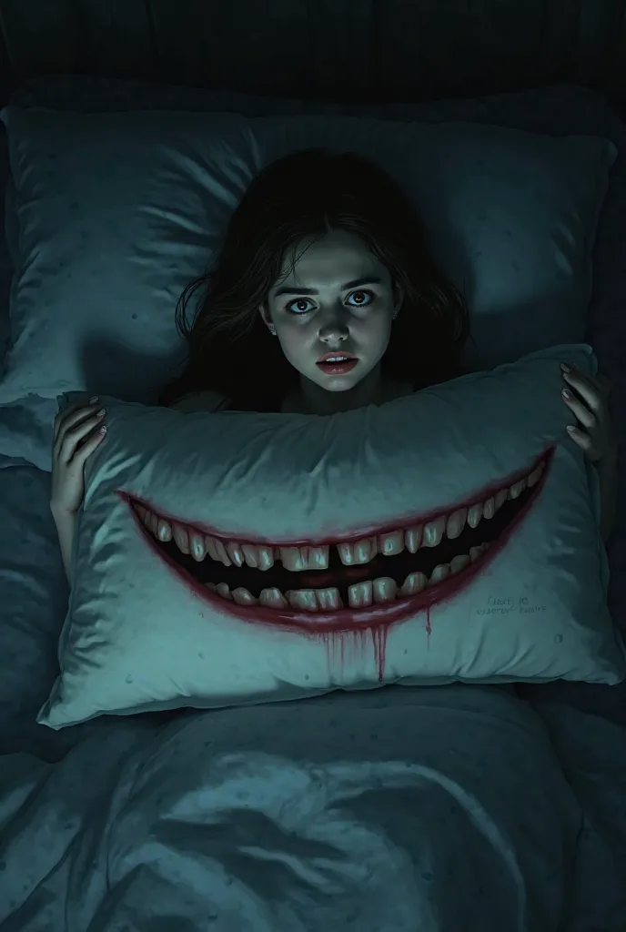  A night scene , Clara lying in bed with wide eyes while her pillow has a disturbing and enormous smile on her pillow