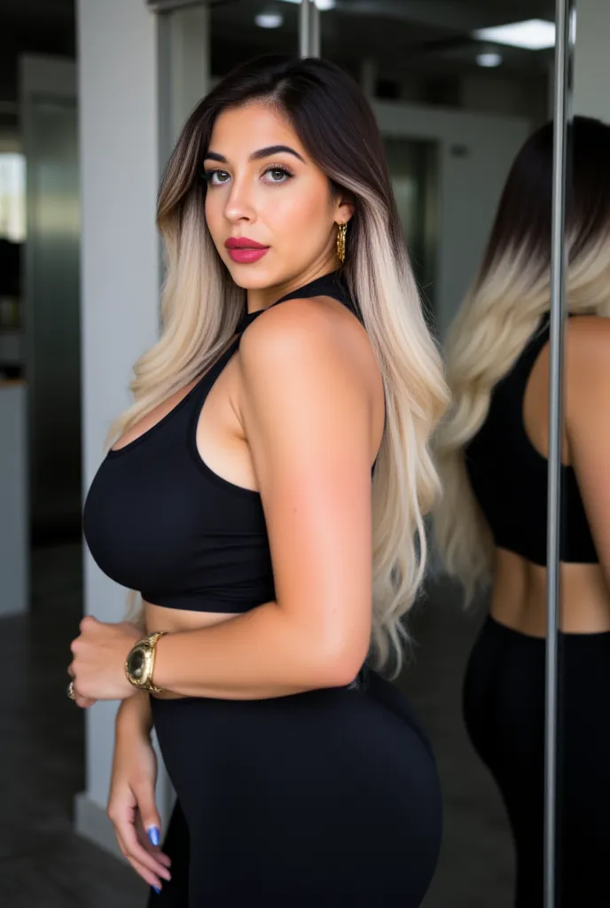 An attractive woman with a slim but curvy body poses in a modern gym. She is wearing a black workout outfit consisting of a sleeveless top and tight black leggings, highlighting her curves, especially her voluminous hips and buttocks. Her long, straight ha...