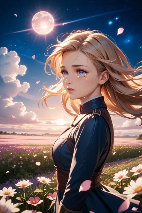 Stars, night sky, girl, tears, teary eyes, detailed, 4k, high res, side view, dawn, flower field, wind