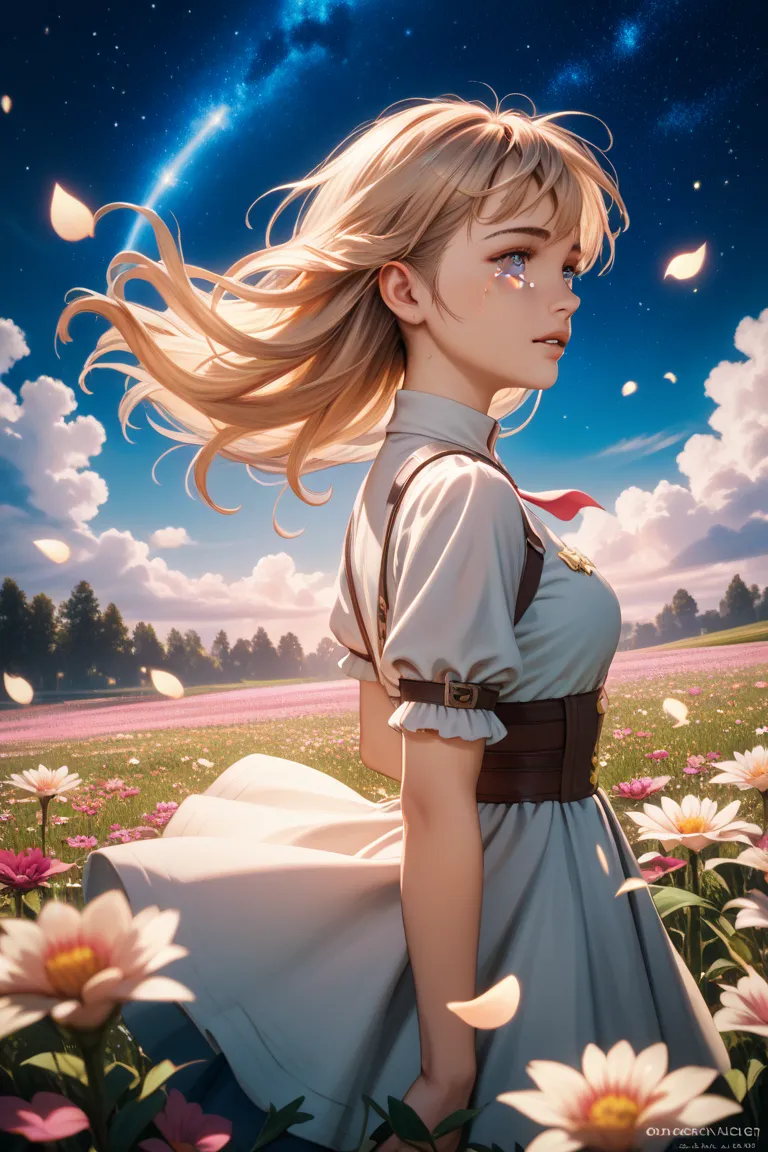 Stars, night sky, girl, tears, teary eyes, detailed, 4k, high res, side view, dawn, flower field, wind