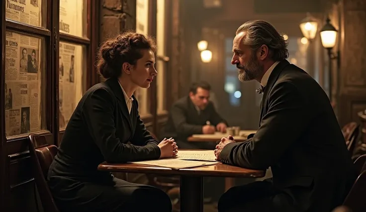 A dramatic and emotionally charged scene in early 20th-century Paris. Marie Curie and physicist Paul Langevin sit across from each other in a dimly lit café, engaged in an intense, private conversation. Marie, dressed in a modest dark dress, looks serious ...