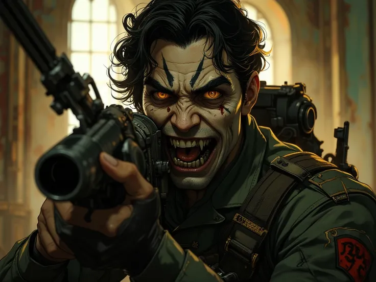 Perfect composition of the vampire soldier  ,   with his mouth open showing bat teeth,   military uniform ,   holding a machine gun,   ultra-detailed,   High quality cutlery ,  8K quality,   very detailed face ,  kinematic