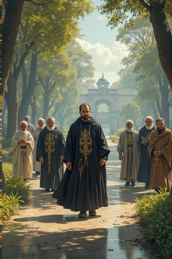 High-quality majestic surreal image of a seminarian leaving a park with several ren and the elderly 