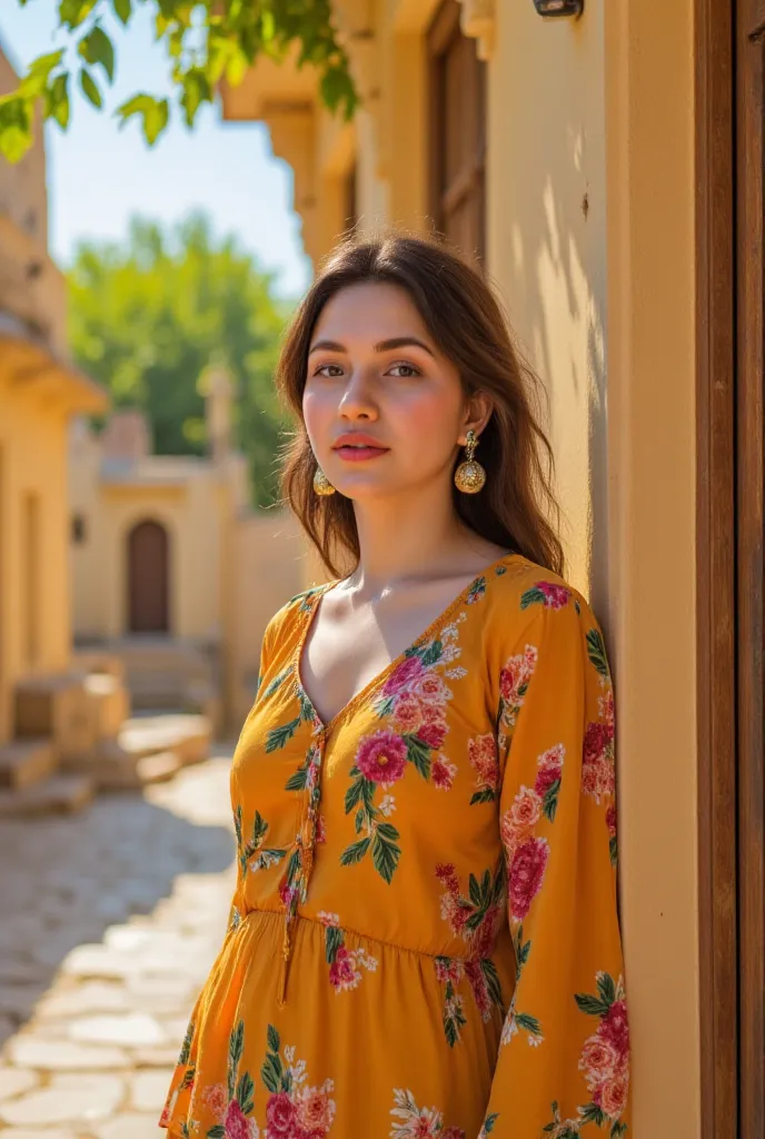 24 year girl in Indian village not modern village rural vibe wearing punjabi patiyala kurta set in jaipur hawa mahal