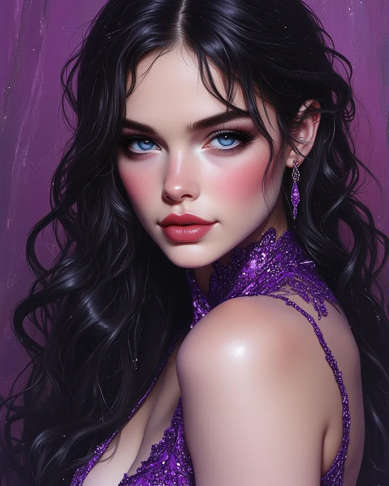 Photo realista 4k,  beautiful WOMAN of European features , long LACEO very smooth dark jet black hair, white porcelain skin, sapphire blue eyes,  reddish lips eyebrows, blushed cheeks, She wears a tight and long purple party dress with sparkles y,  reddish...