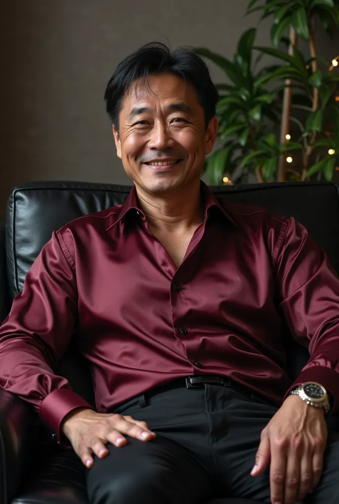 bronze skin，mature sexy and handsome asian mature man，Smiling and squinting，Wearing a burgundy silk shirt ，  black suit pants ，is reclining on a black leather sofa ， The neckline is open ， Broad chest muscles 