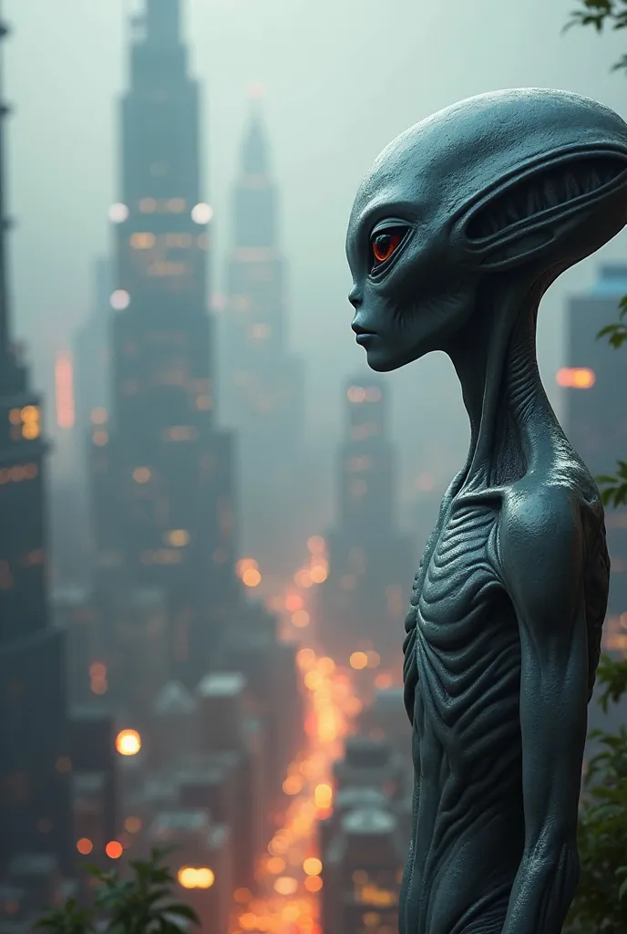 "An 8K UHD image of the classic Gray alien observing a futuristic human city, symbolizing their possible influence on our future. The scene is vibrant and dramatic, with detailed textures of the Grays and the glowing city. The background is soft and blurry...