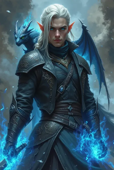 a young handsome, square jaw, half elf with white hair kept in a loose braid and teal blue eyes, roughish and dapper, wearing a black leather jacket with hints of electric blue, sipver spiderweb embrodary, wielding a dark blade that radiates blue magic, hi...