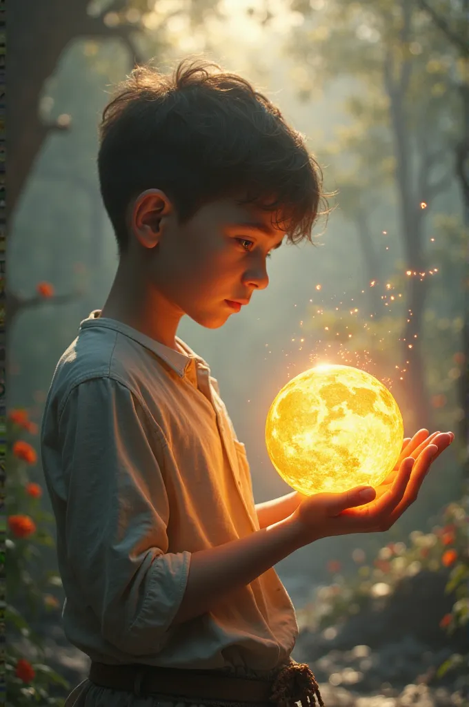 A boy holding sun in his hand