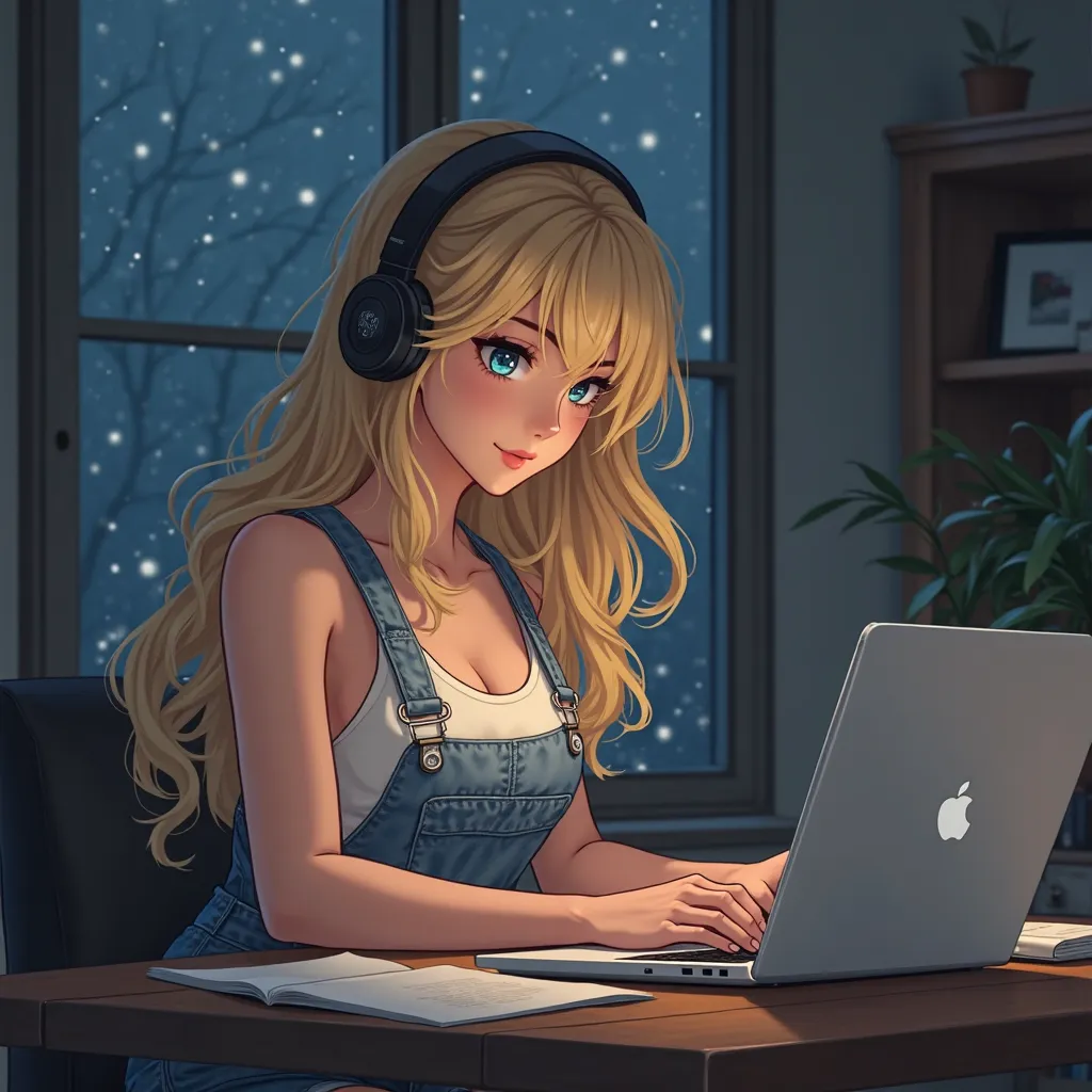 anime woman, long blonde hair, blue eyes, White tank top, blue denim overalls, toned arms, at home, sitting in desk, typing on laptop, nighttime, wearing headphones, 