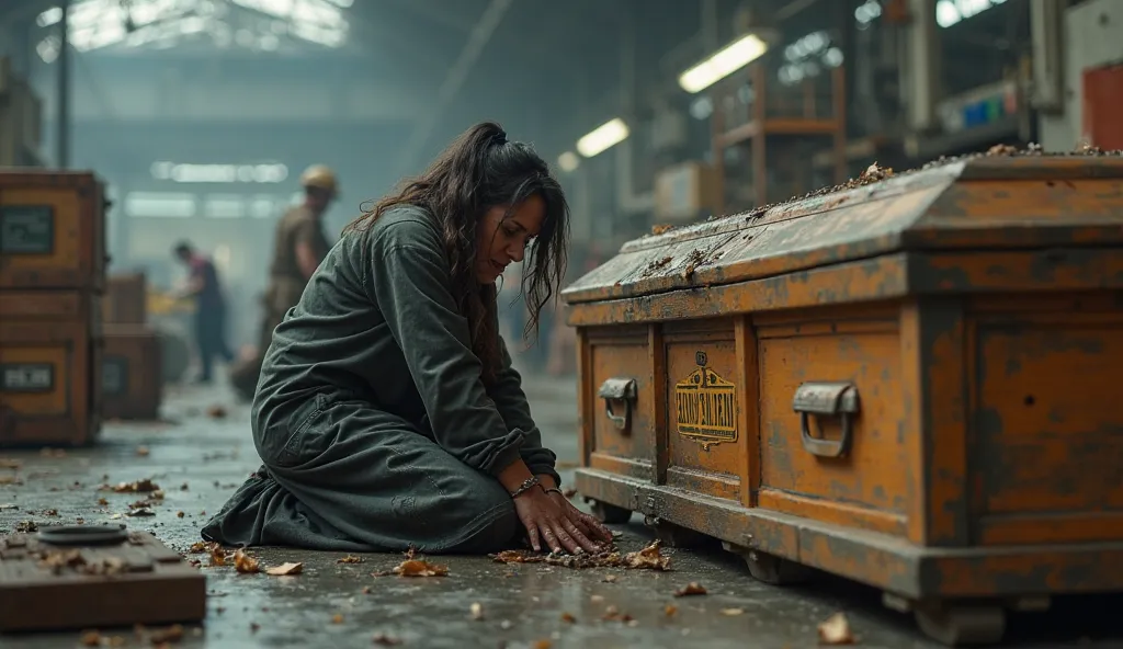 "A devastated mother in a crowded airport cargo area kneels beside a wooden coffin labeled with her son's name, her hands pressed against it as she wails in sorrow."