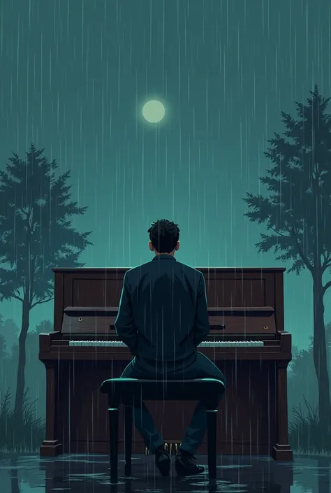 there is a man sitting at a piano in the rain, concept art inspired by Atey Ghailan, trending on Artstation, conceptual art, in style of atey ghailan, rob rey and kentarõ miura style, lofi portrait, atey ghailan 8 k, background artwork, lofi artstyle