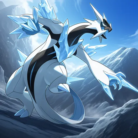 masterpiece, better quality,   Kyurem , without humans, Alone, whether,  sky, blue  sky, claws, Serious pose , Glacier bottom  