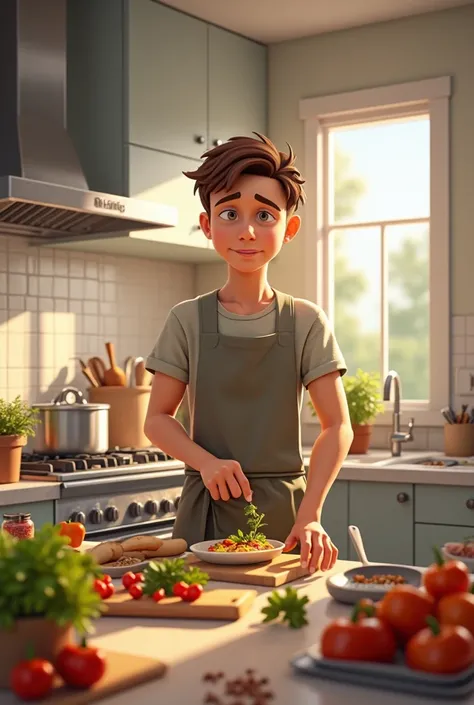 Image of a young man in the kitchen looking at ingredients and utensils with some confusion, but then he confidently starts cooking.