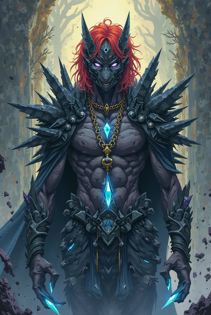 In the, outlined and roughly marked, entity, Stone Face, high shoulders , wide and strong, float around it, your body would be partially covered with black crystals that would sprout from your body, anime art style, wearing a necklace with a blue wolf, cri...