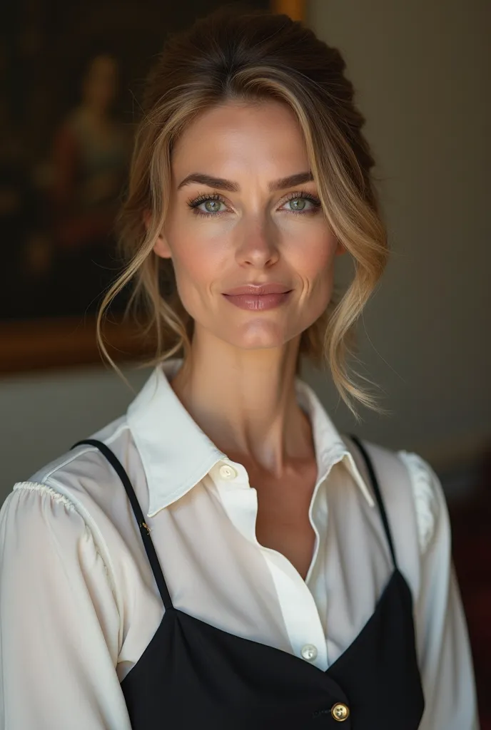 English woman, 50s, in french cuff white blouse, one top button undone, under a black strapped dress, very smart, hair tied up, clear neck