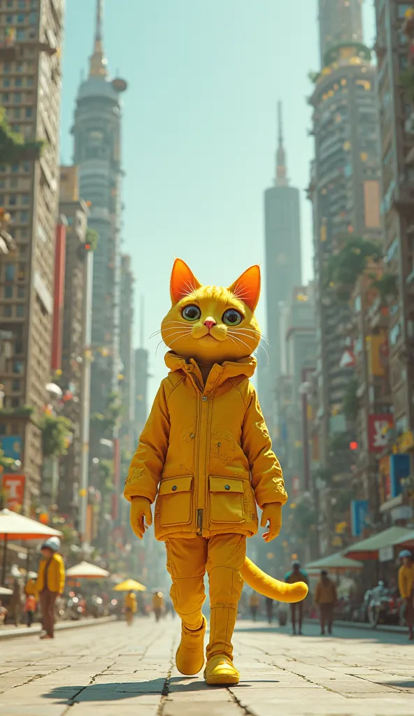  A yellow cat in poor 3D clothes walks through a city full of skyscrapers shaped like skyscrapers.