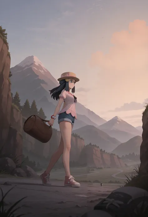 masterpiece, best quality, amazing quality, very aesthetic, absurdres, newest, scenery,highly detailed,high-resolution,low-angle shot,female,woman,dawn/hikari,pokemon diamond pearl,dark-navy hair,long hair,aquamarine eyes,fair skin,glossy texture,pink lips...
