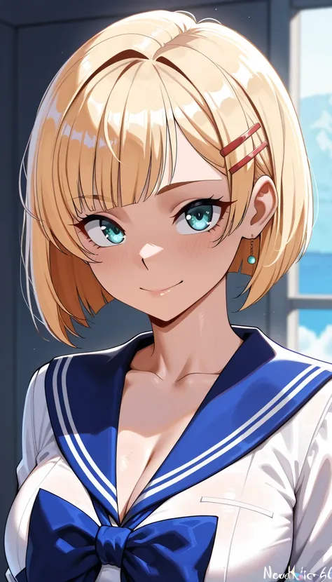 (Highest quality, 8k, masterpiece:1.3,beautiful girl), detailed skin,detailed faces:1.3,blush, ( perfect anatomy, female in her 20s:1.3,), perfect face,(( hairstyle,blond with a big face, bob cut,  hairpins,)) ,((sailor suit:1.3,)),(top quality:1.2, very w...