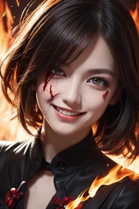  1 girl,  flying hair,  red eyes, Fire Witch , Blood on face,  Light Particles , Lightning rays,  wallpaper,  colorful,  high contrast , ,  smirking ,  , psychopathic  smirking ,  Psychopath Smile ,  tilting your head 