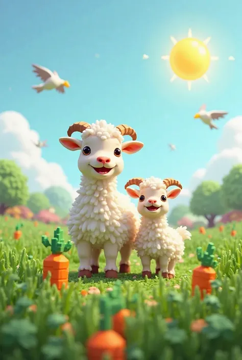 "Pixel 3D style scene of a happy mother goat and her baby standing proudly in a lush voxel farm with fresh pixelated rice plants and bright orange carrots. The sun shines brightly in a blocky sky, birds fly as pixel art shapes, and the air looks fresh. The...