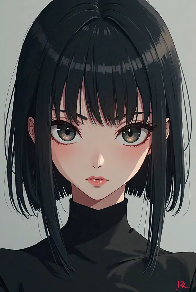 Make an anime image of intj female with black hair and eyes 