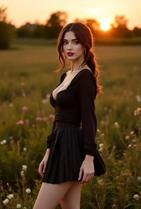 Pretty Russian woman, young 20 years old, wavy black hair, tied behind, tall, thin, white skin, brown eyes, red lips, she is standing in an open field in the afternoon, the Sun is setting, there are flowers, trees and bushes, she is wearing a black pleated...