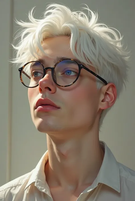 Create a young man, with white hair , light skin color and round glasses 