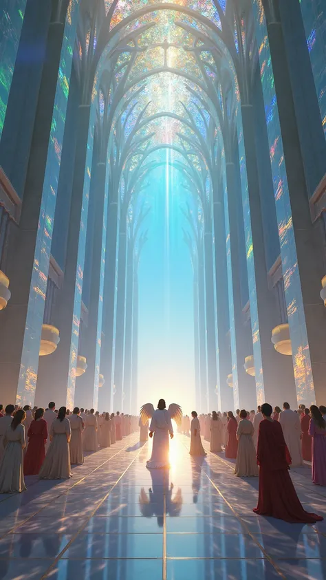 A **grand celestial hall** inside the **iridescent crystalline cathedral**, bathed in **pure midday sunlight**. Towering **translucent columns** rise to incredible heights, their **prismatic surfaces shimmering** with multicolored reflections. The **arched...