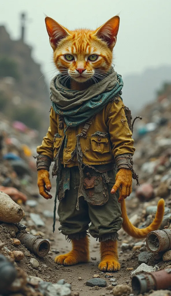  A poor yellow cat in a garbage dump that wears old clothes