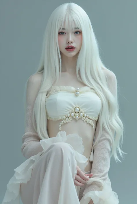 white skin and reflective eyes, natalie shau, portrait of albino mystic, with long white hair, albino white pale skin, with white long hair, inspired by Ignacy Witkiewicz, natalie shau tom bagshaw, inspired by Ray Caesar, white witch, monia merlo, pale got...