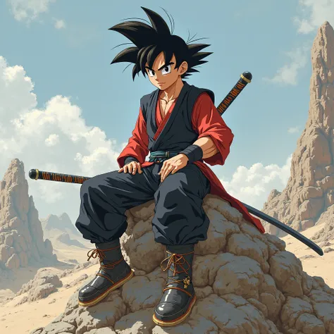 DBZ boy with dual swords wearing black and red Gi with spikey black hair sitting on rock 