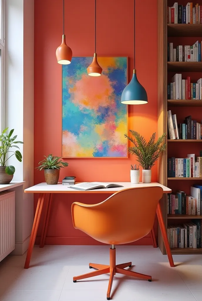 A modern image of interior design with bright colors can highlight five key objects: a minimalist desk in a vibrant tone, that represents functionality by offering a work space comfortable and efficient; an ergonomic chair in a striking color, that combine...