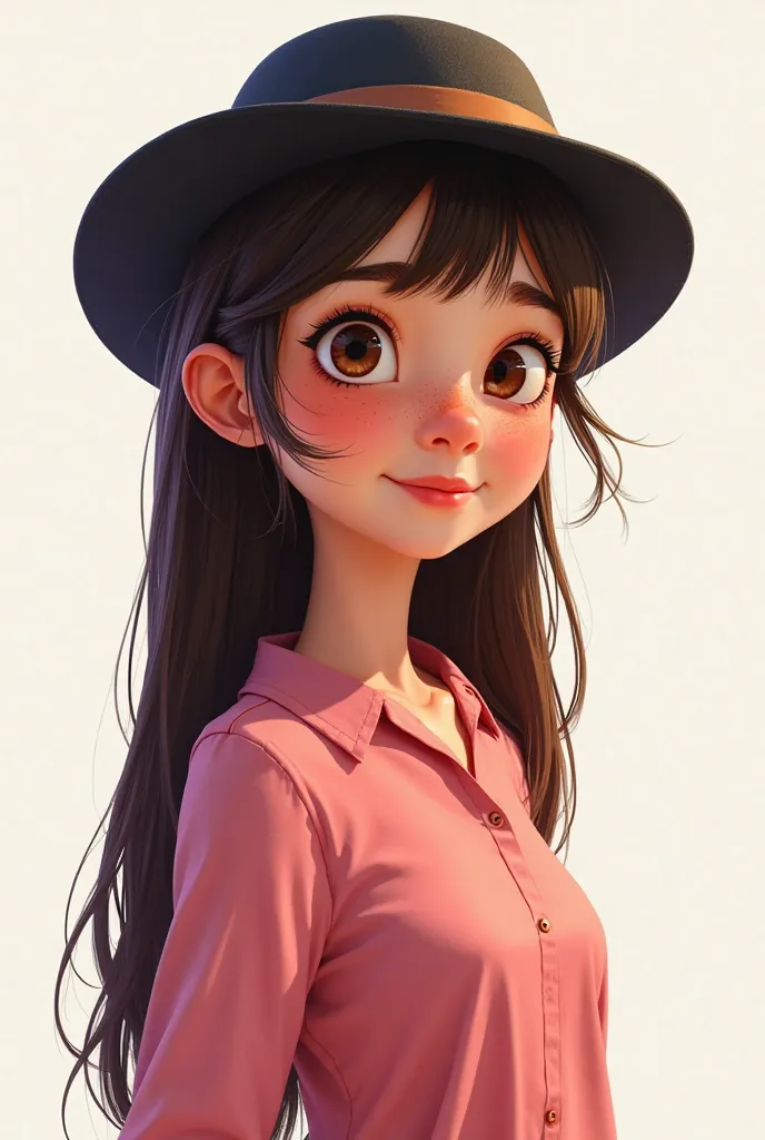 Pixar style poster of a 20 year old girl with long straight dark brown hair,  freckles, pink blouse and black hat, chubby, white background and dark brown eyes