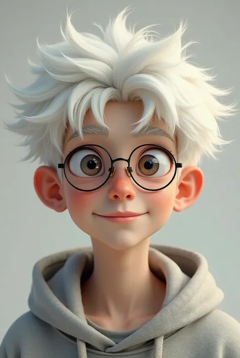 Create a young man,  with white hair,  slightly dark skin color, and round glasses