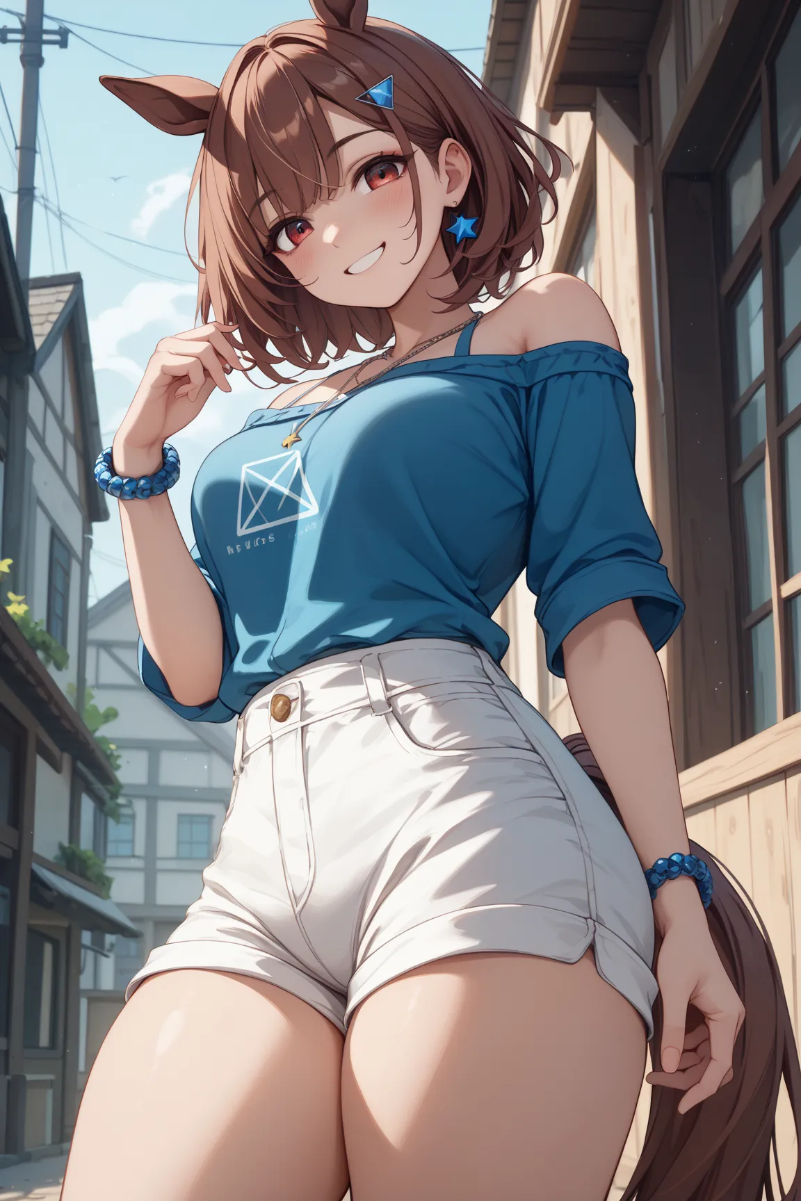 1 girl、 reddish brown hair bouncing sideways、(blue mesh hair)、 star-shaped hairpin with bangs split to the right、 gal、 horse ears、((blue off-the-shoulder shirt))、(( White Hot Pants))、((white shorts))、square necklace、fluorescent light blue ribbon garter rin...